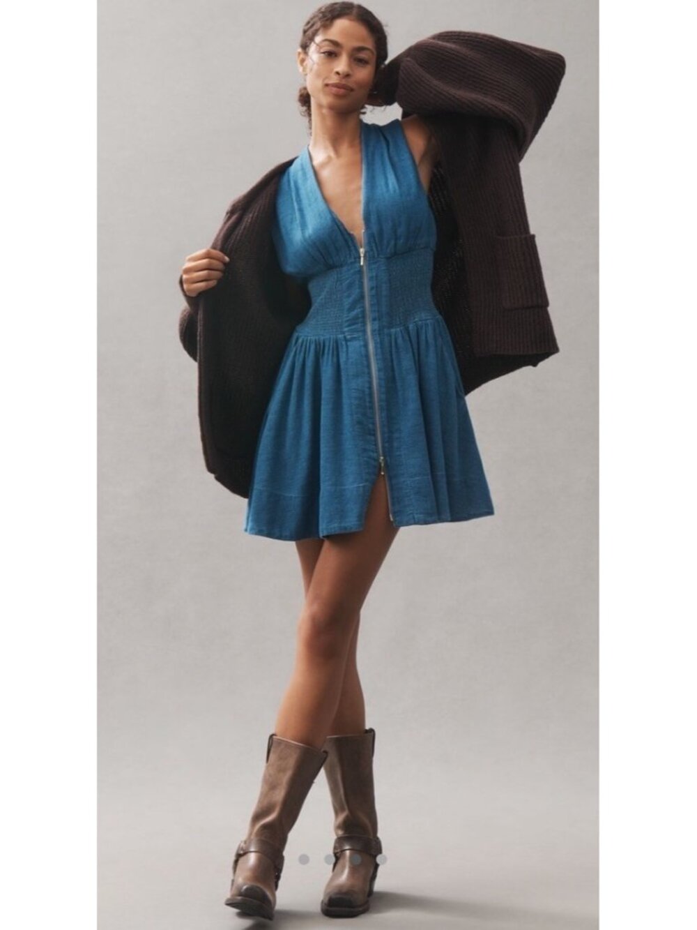 NWT Size L - The Tommie Cap-Sleeve Denim Smocked Front-Zip Mini Dress (US$ 158)
